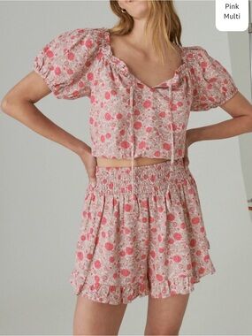 Lucky Brand Cropped Matchback FloralPuff Sleeve Ruffle Short Set